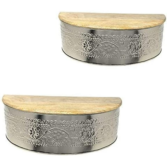 Decorative Floating Shelves with Floral Embossed Metal and Solid Natural Wood Tops - Decorative Shelf for Wall with Hidden Compartment - Set of 2 Hanging Shelves for Bedroom, Bathroom, Living Room
