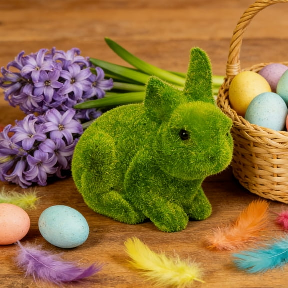 Decorative Flocked Rabbit Ornament - Realistic Moss Bunny Figurine for Party Home Decor Garden and Present, Ideas Adorable Rabbit Decoration