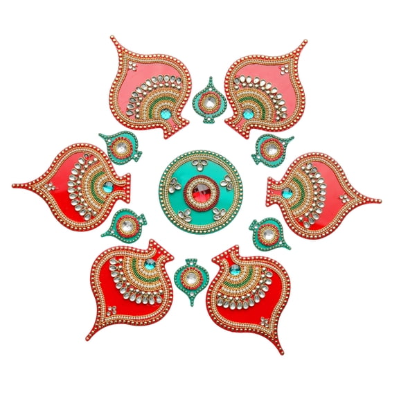 Decorative Floor Rangoli Flower Design reusable Acrylic Rangoli Home Decor Gift for Home Interior Floor Indian Traditional Festival of lights Decorations and Return Gifts(Size:-13")(Red,Green)