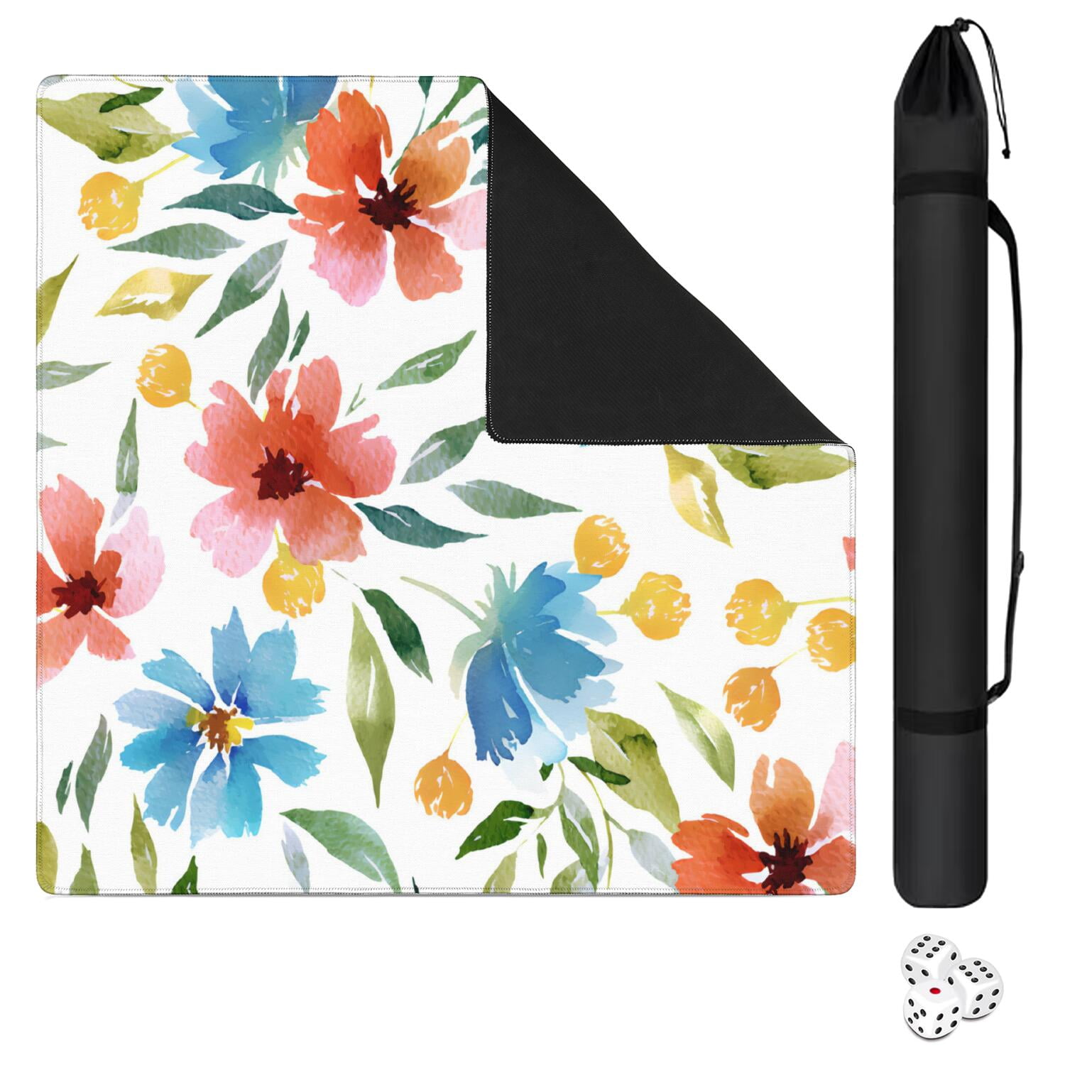 Decorative Floral Design Non-Slip Playing Surface, 31.5 Inch Square Rubber Mat for Mahjong Tables Reduces Tile Noise, Ideal for Cards and Board Games