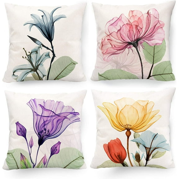Decorative Floral Flower Pillow Covers 18 x 18, Blue Pink Purple Green Yellow Decor Flower Throw Pillow Covers Set of 4 Linen Cushion Case for Living Room Couch Sofa Patio Outdoor Home Decor