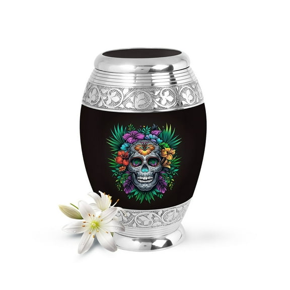 Decorative Floral Skull Cremation Urn - Colorful Memorial Urn for Loved Ones Ashes, Artistic Personalized Aluminum Urn, Modern Funeral Urn