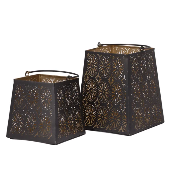 Decorative Flower Cut Metal Lantern Set - Sets Of 2 Candle Holder