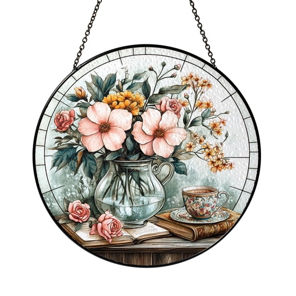 Decorative Flower Vase Window Hanging – Stained Glass Style