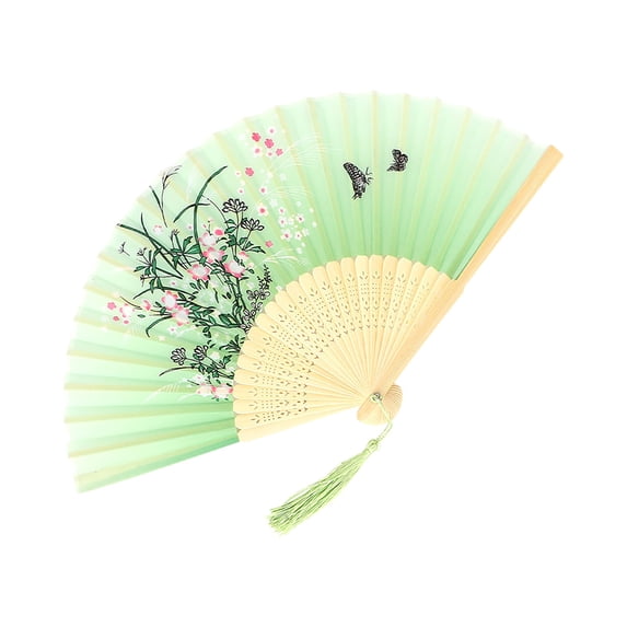 Decorative Folding Fans, 8 in Carved Bamboo, Light Green Cloth, Flower Butterfly Pattern, Wall Display, Summer Weddings, Traditional Asian Decor, 1 Pc