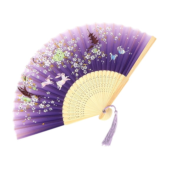 Decorative Folding Fans, 8 in Bamboo, Purple Fabric, Butterfly Running Bunny Print, Folding Hand Fans, Personal Cooling, Tea Ceremony Decor, 1 Pc