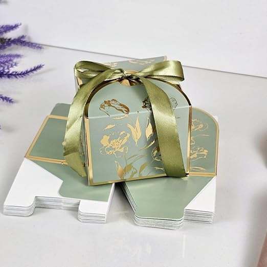 Decorative Folding Storage Gift Boxes with Ribbon for Wedding Return Gifts, Birthdays, Perfect for Packing Chocolate, Dry Fruits and Special Occasions (Pack of 12 Square ) (Green)