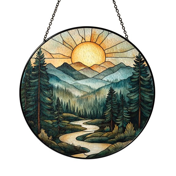 Decorative Forest Landscape Stained Glass Sun Catcher, Sunset Pine Tree Window Hanging, Artistic Light Reflection Decor