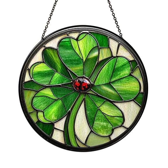 Decorative Four Leaf Clover Ladybug Suncatcher Window Hanging, Botanical Green Clover Window Ornament With Nature Inspired Ladybug Design
