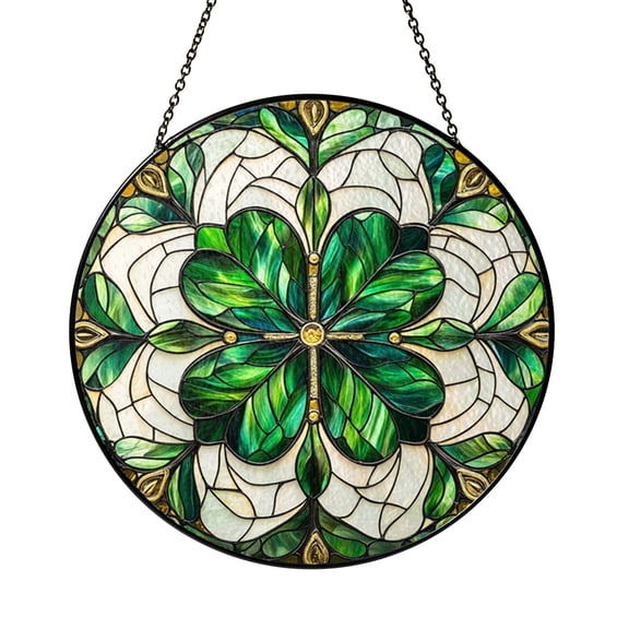 Decorative Four Leaf Clover Window Hanging, Stained Glass Style Botanical Suncatcher Panel for Living Room or Garden Accent