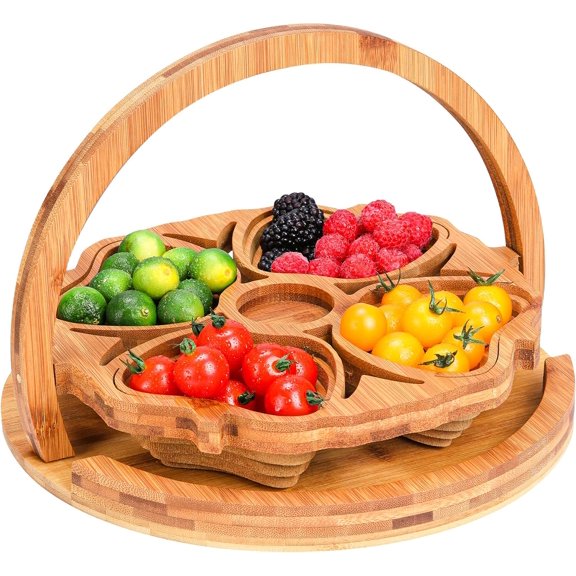 Decorative Fruit Tray - Bamboo Nuts Storage Platter Tray with 4 Compartment, Delicate Snack Fruit Serving Tray, Multifunction Snack Storage Trays, Wooden Dried Fruit Box for Candy, Nut, Fruit