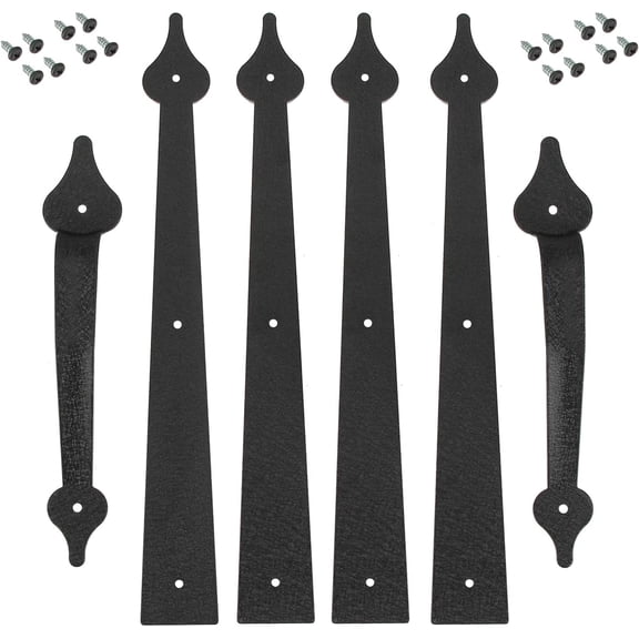 Decorative Garage Door Hinges Handles, Faux Garage Door Accents, Metal Handles Hinges Hardware Kit, Screw Mounted, Black, Spear Style (4 Hinges+2 Handles)