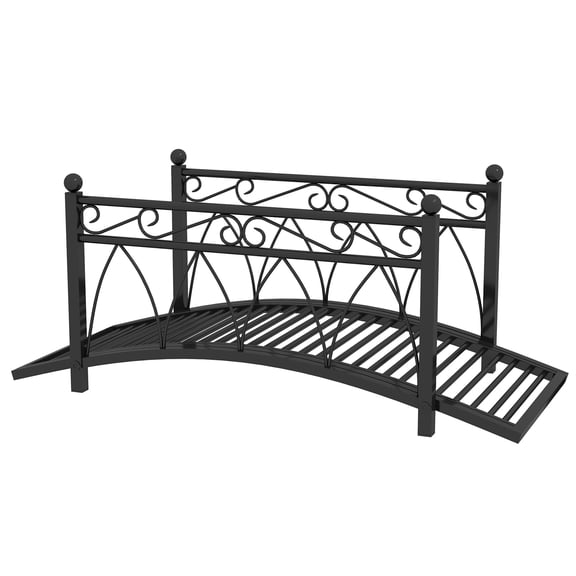Decorative Garden Bridge for Fish Pond, 3.3 ft Metal Arch Zen Footbridge with Safety Rails and Scrollwork, Black