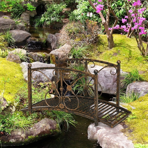 Decorative Garden Bridge for Pond Stream, 3.3FT Metal Arch Bridge with Safety Rails, Brown Zen Footbridge for Outdoor Patio Decor