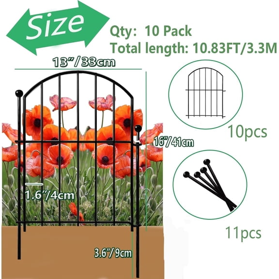 Decorative Garden Fence 21in x10.8ft, 10 Pack Rustproof Metal No Fence Animal Barrier for Dog, Arched Flower Bed Edging Ornamental Wire Border Panel Fencing