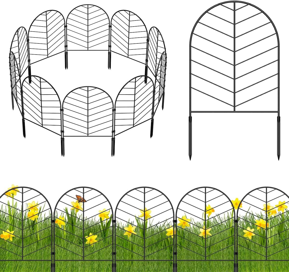 Decorative Garden Fence 22" Rustproof Metal Wire No Dig Fence for Dogs, 30 Panels, Black