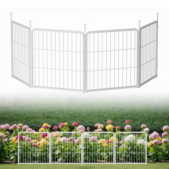 SunsGrove Decorative Garden Fence 24 in(H) x 7.4 ft(L) 4 Panels, Heavy Duty Metal Animal Barrier Fence, No Door, Flower Bed Fencing, White