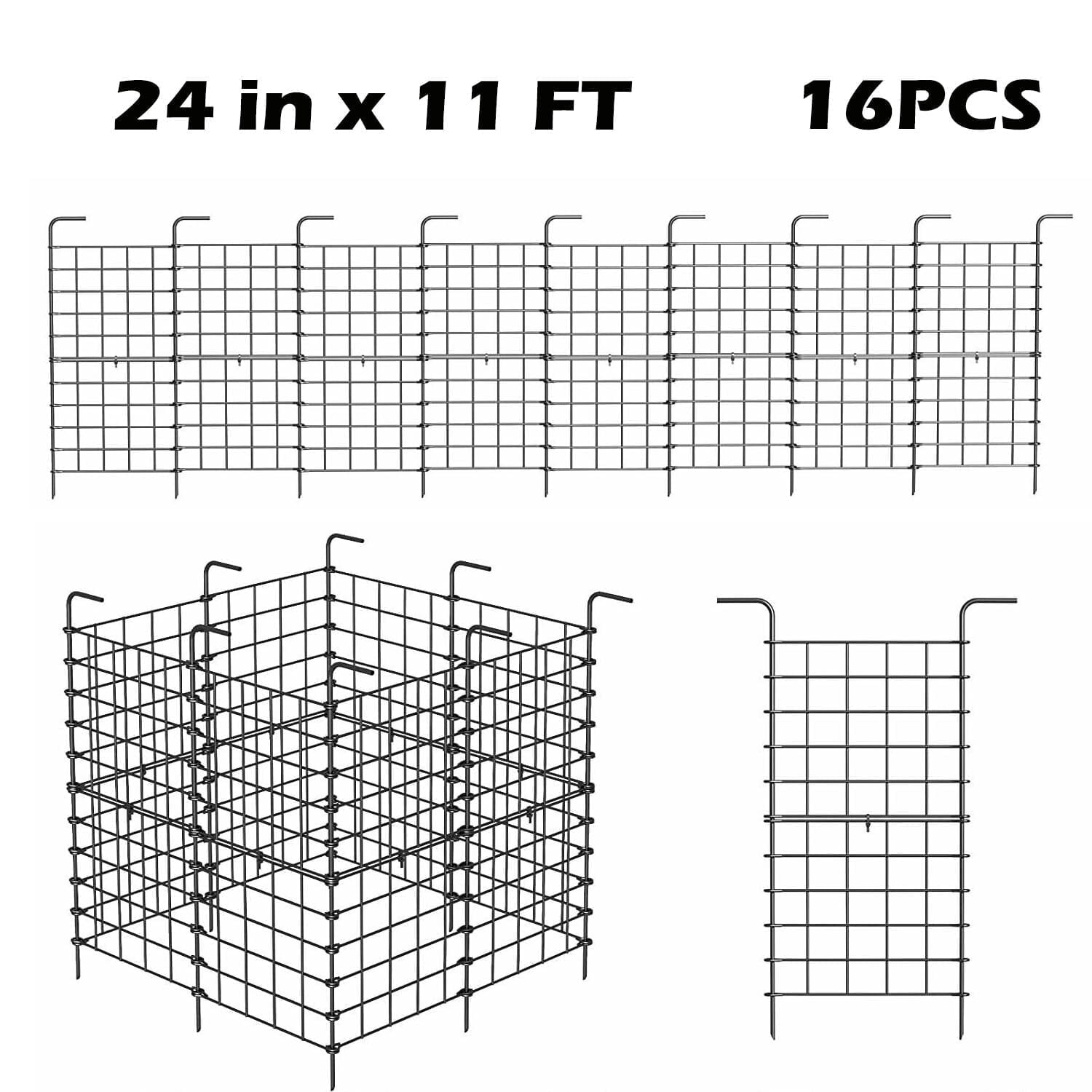 Decorative Garden Fence 24in x 11ft, 16 Pack Rustproof Metal No Dig Fence Animal Barrier for Dog, Straight Flower Bed Edging Ornamental Wire Border Panel Fencing for Yard Patio Outdoor Decor