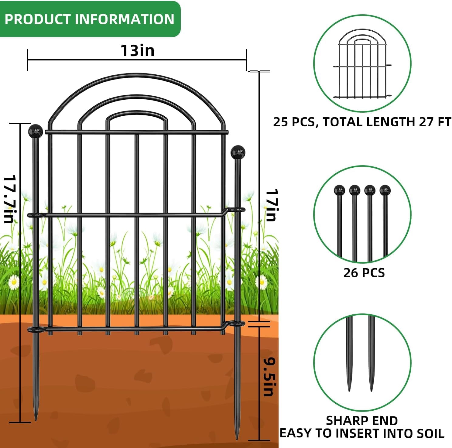 Decorative Garden Fence, 26in(H) X 27ft Rustproof Metal No Animal ...