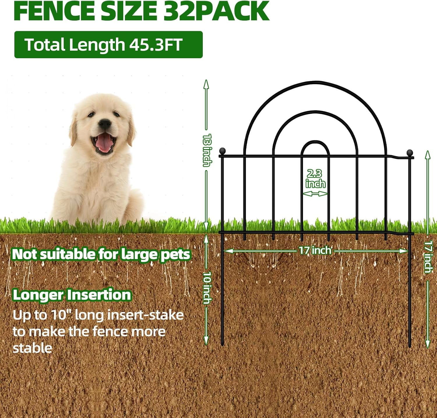 Decorative Garden Fence, 32 Panels No  Fence 45.3ft(L) x13in(H) Animal Barrier for Dog Rabbit, Arched Flower Bed Wire Border Rustproof Metal Panel Fencing for Yard  Outdoor Decor