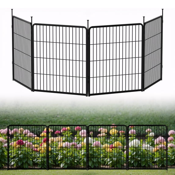 SunsGrove Decorative Garden Fence 32 in(H) x 8.9 ft(L) 4 Panels, Heavy Duty Metal Animal Barrier Fence, No Dig Fence for Dogs, Rabbit Fence for Garden, Black