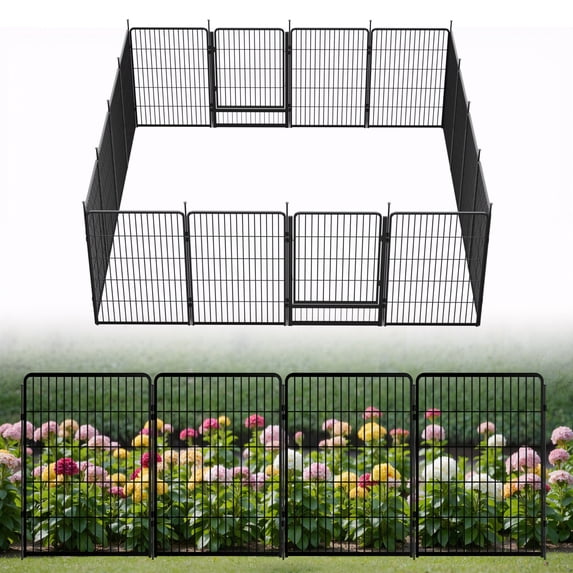 SunsGrove Decorative Garden Fence 40 in(H) x 4.5 ft(L) 2 Panels, Heavy Duty Metal Animal Barrier Fence, No Dig Fence for Dogs, Rabbit Fence for Garden, Black