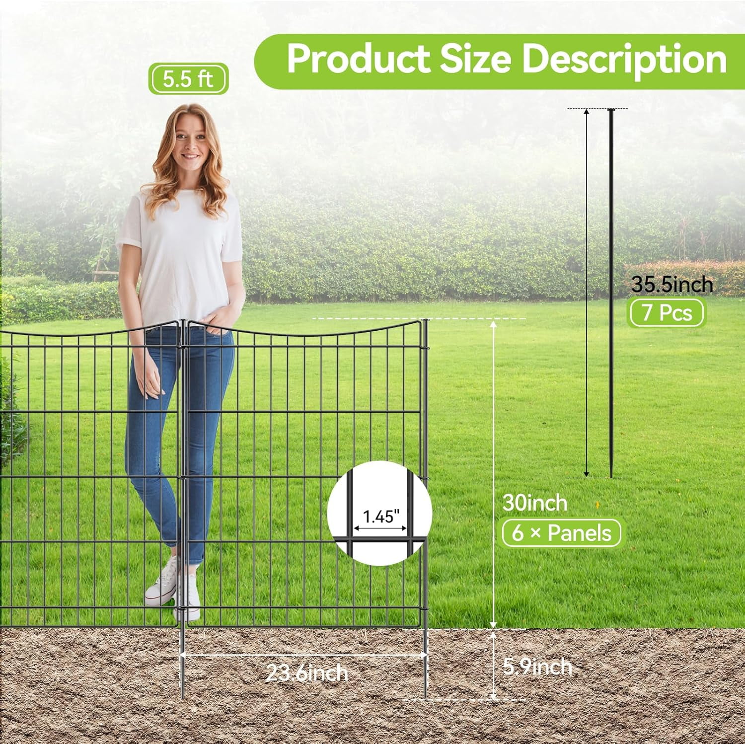 Decorative Garden Fence 6 Panels 11.8ft(L)×30in(H) Rustproof Metal Wire No- Temporary Animal Barrier Fencing for Backyard