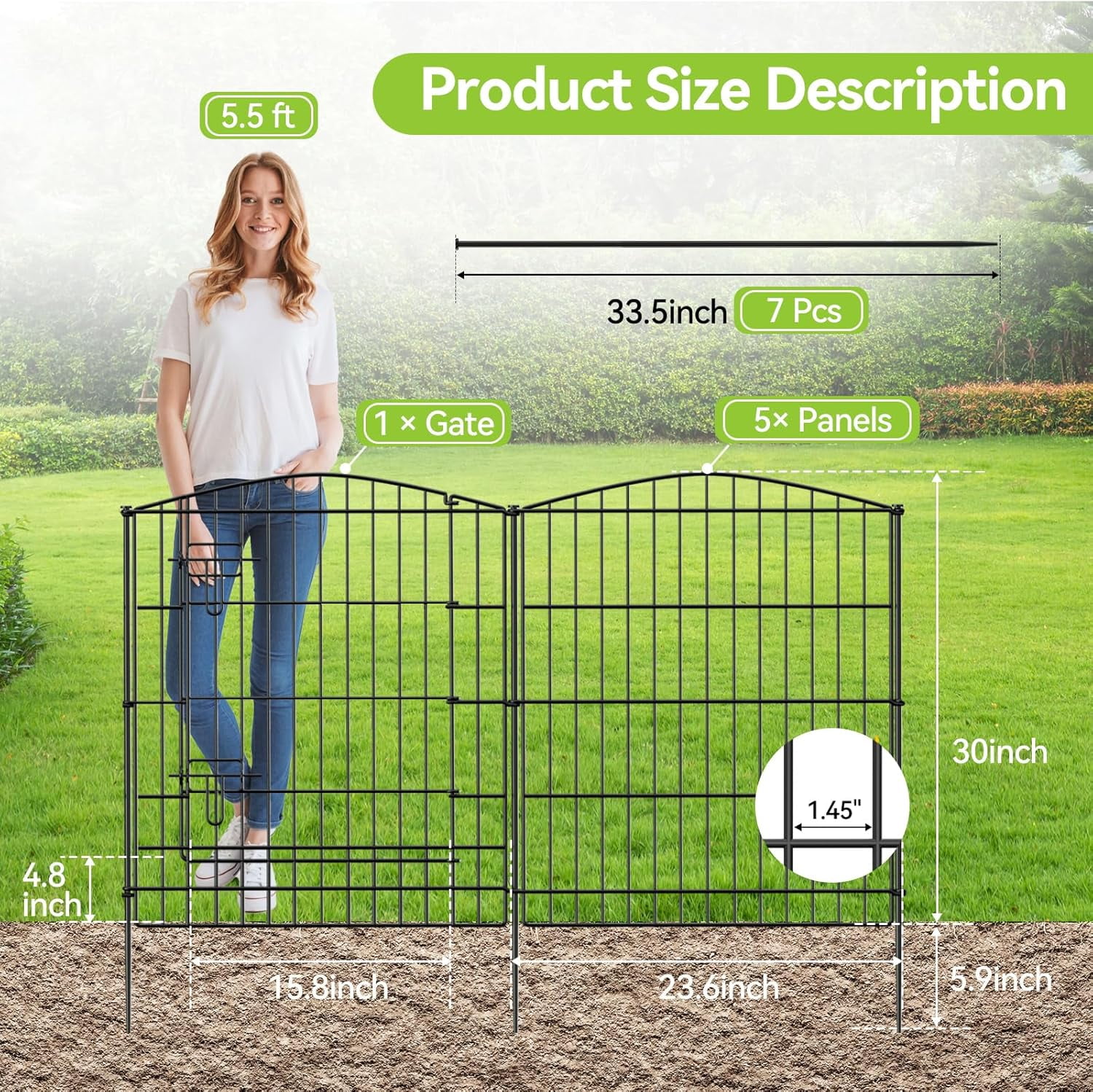 Decorative Garden Fence 6 Panels 11.8ft Temporary Dog Fence No- Animal Barrier with Gate Rustproof Metal Wire for Yard  Outdoor