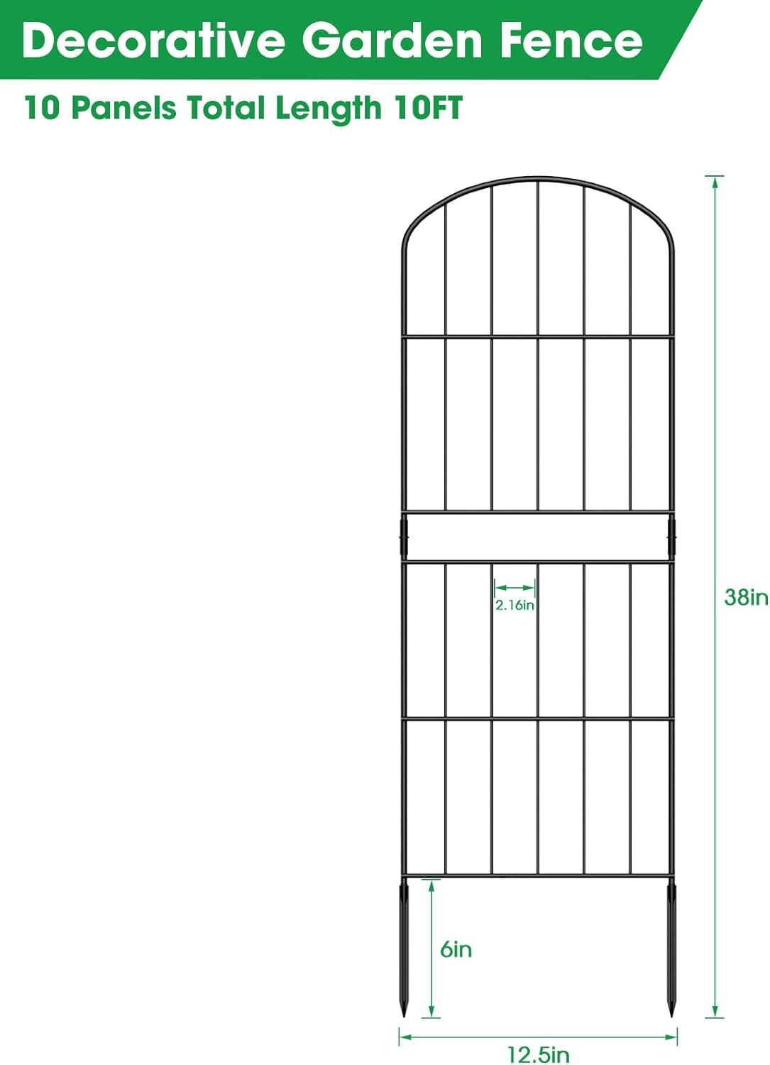 Decorative Garden Fence Animal Barrier with Plastic Ground Stakes, Outdoor 38 "H X 10.5FT Arched