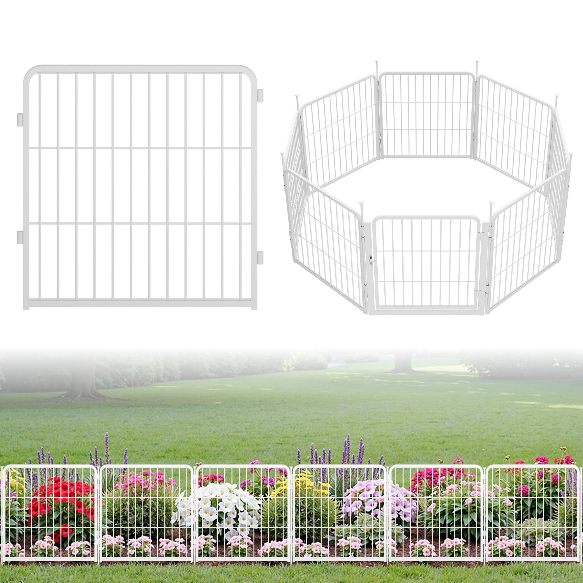 SunsGrove Decorative Garden Fence with Gate 24 in(H) x 14.8 ft(L) 8 Panels, Heavy Duty Metal Animal Barrier for Dog and Rabbit, Outdoor Fencing, Easy Set Up, White