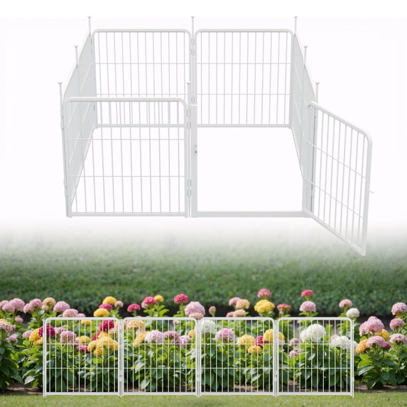 SunsGrove Decorative Garden Fence with Gate 24 in(H) x 14.8 ft(L) 8 Panels, Heavy Duty Metal Animal Barrier for Dog and Rabbit, Outdoor Fencing, Easy Set Up, White