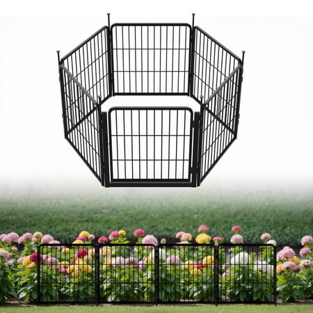 SunsGrove Decorative Garden Fence with Gate 24 in(H) x 14.8 ft(L) 8 Panels, Heavy Duty Metal Animal Barrier Fence for Yard, Flower Bed Fencing, Garden Border Fence, Easy Set Up, Black