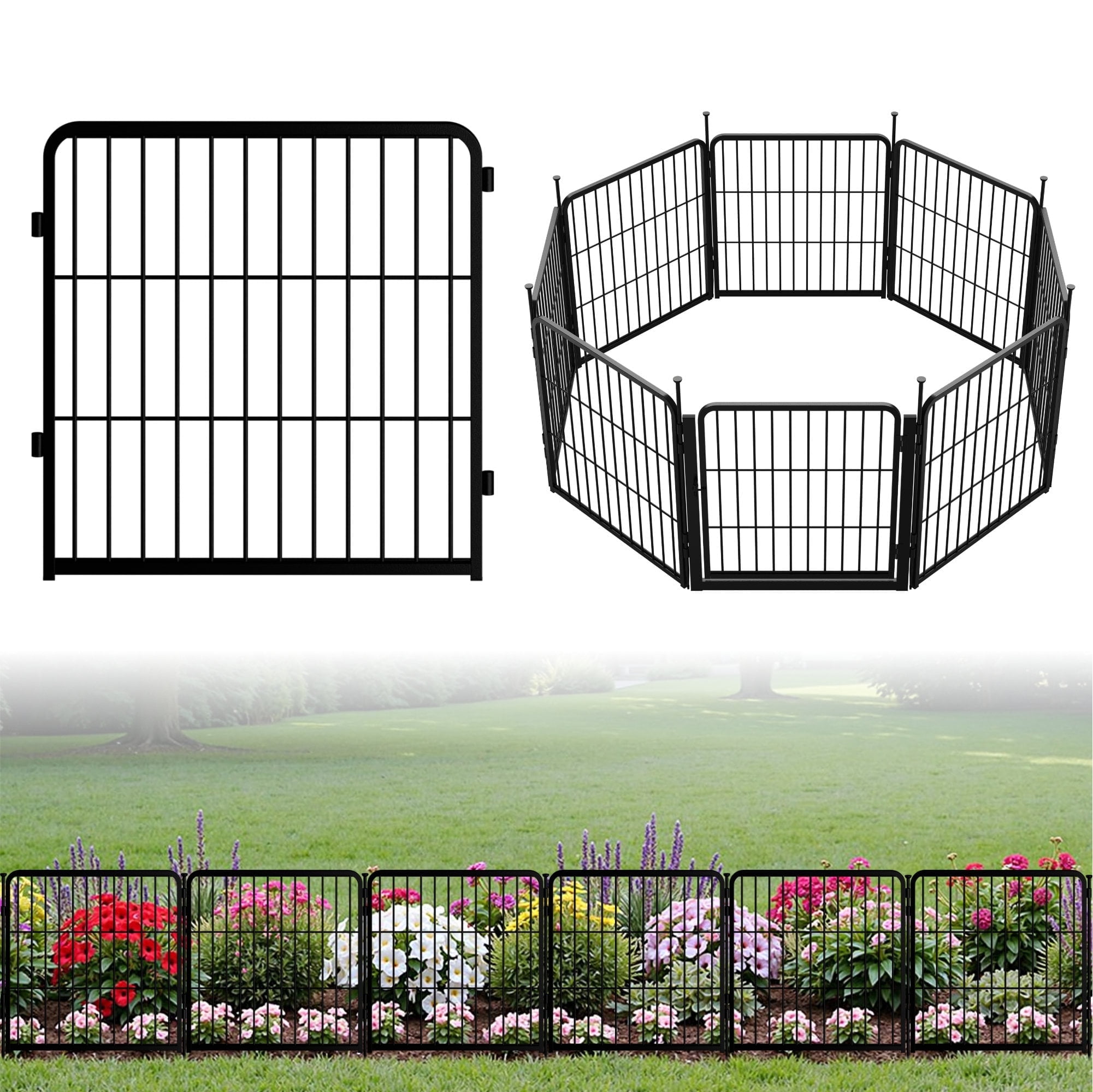 SunsGrove Decorative Garden Fence with Gate 24 in(H) x 14.8 ft(L) 8 Panels, Heavy Duty Metal Animal Barrier Fence for Yard, Flower Bed Fencing, Garden Border Fence, Easy Set Up, Black
