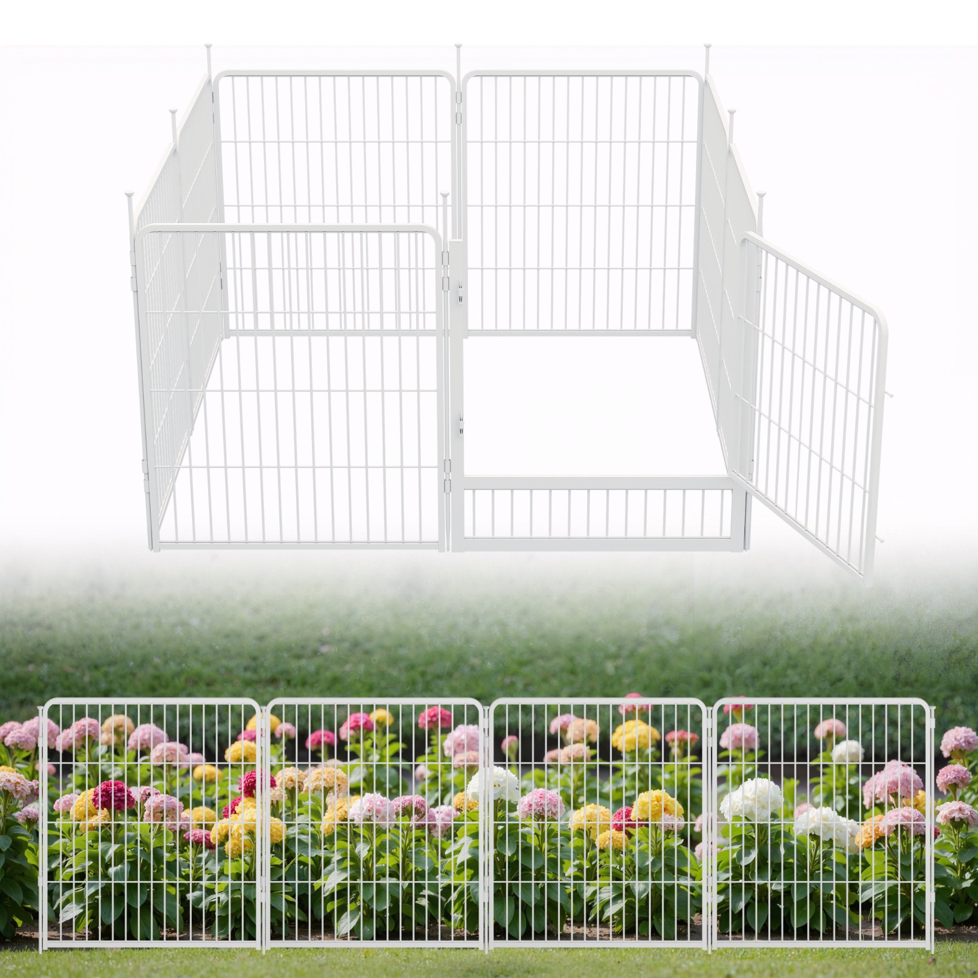 SunsGrove Decorative Garden Fence with Gate 32 in(H) x 17.8 ft(L) 8 Panels, Heavy Duty Metal Animal Barrier for Dog and Rabbit, Outdoor Fencing, Easy Set Up, White