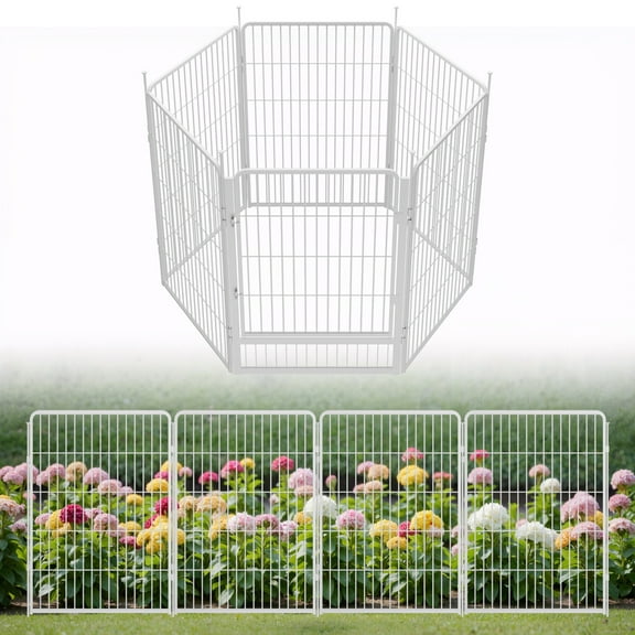 SunsGrove Decorative Garden Fence with Gate 40 in(H) x 13.4 ft(L) 6 Panels, Heavy Duty Metal Animal Barrier for Dog and Rabbit, Outdoor Fencing, Easy Set Up, White