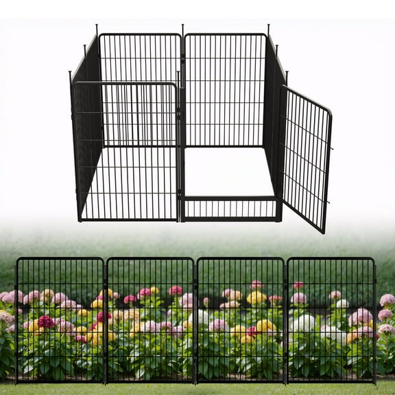 SunsGrove Decorative Garden Fence with Gate 40 in(H) x 17.8 ft(L) 8 Panels, Heavy Duty Metal Animal Barrier Fence for Yard, Flower Bed Fencing, Garden Border Fence, Easy Set Up, Black