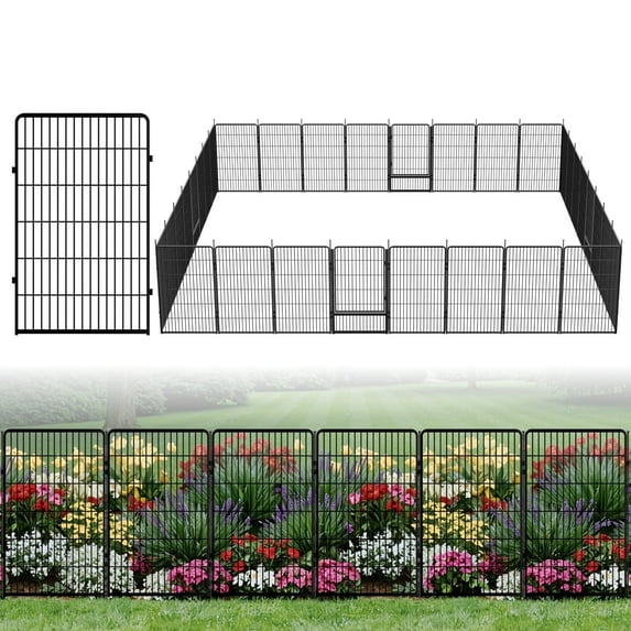 SunsGrove Decorative Garden Fence with Gate 45 in(H) x 71.4 ft(L) 32 Panels, Heavy Duty Metal Animal Barrier Fence for Yard, Flower Bed Fencing, Garden Border Fence, Easy Set Up, Black