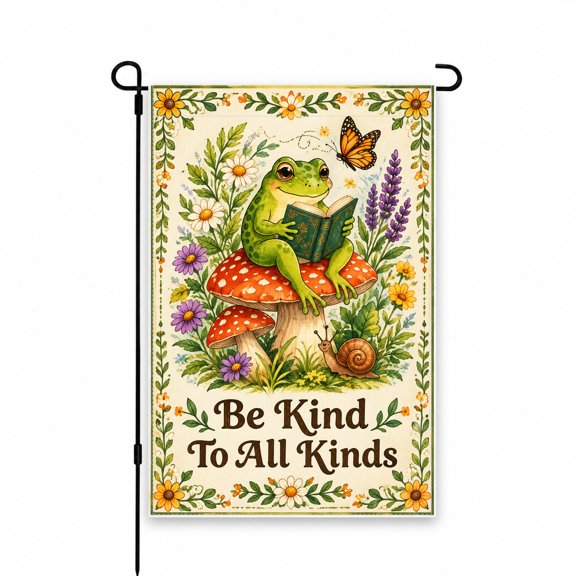 Decorative Garden Flag 12x18 Inch with Frog and Butterfly Reading on Mushroom - Perfect for Yard, Lawn, Patio, Porch - Inspirational Outdoor Decor