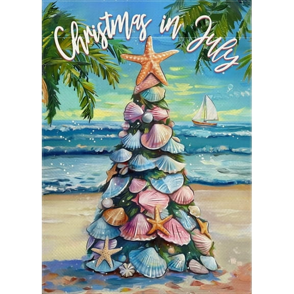 Decorative Garden Flag, Christmas Tropical Xmas Tree Beach Coastal Starfish Shell Yard Outside Decorations, Hawaii Nautical July Summer Holiday Outdoor Small Home Decor Double Sided 12.5 x 18
