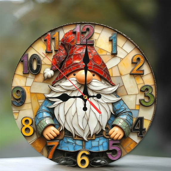 Decorative Garden Gnome Clock with Colorful Mosaic Design 10-Inch Silent Wooden Wall Clock, Battery Operated (AA Batteries Not Included), Artistic Home Decor