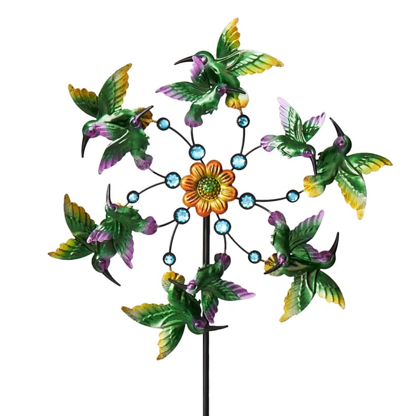 Green and Yellow Metal Hummingbird Garden Wind Spinner Stake
