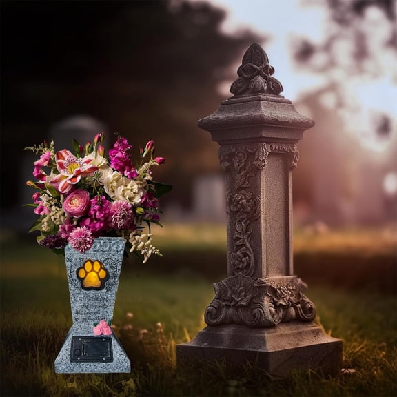Decorative Garden Memorial Monument Vase with Lights, Resin Gray 15.1 in, Outdoor Human or Pet Grave Flower Holder, Unique Holiday Yard Decoration