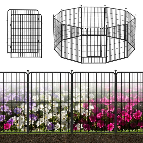 Decorative Garden Metal Fence Black 23ft(L)×40in(H) 10 Panels Wire Rustproof Folding Animal Barrier Border Heavy Duty Iron Landscape Edging Privacy Fencing Patio Flower Bed for Yard Dog Outdoor Fence