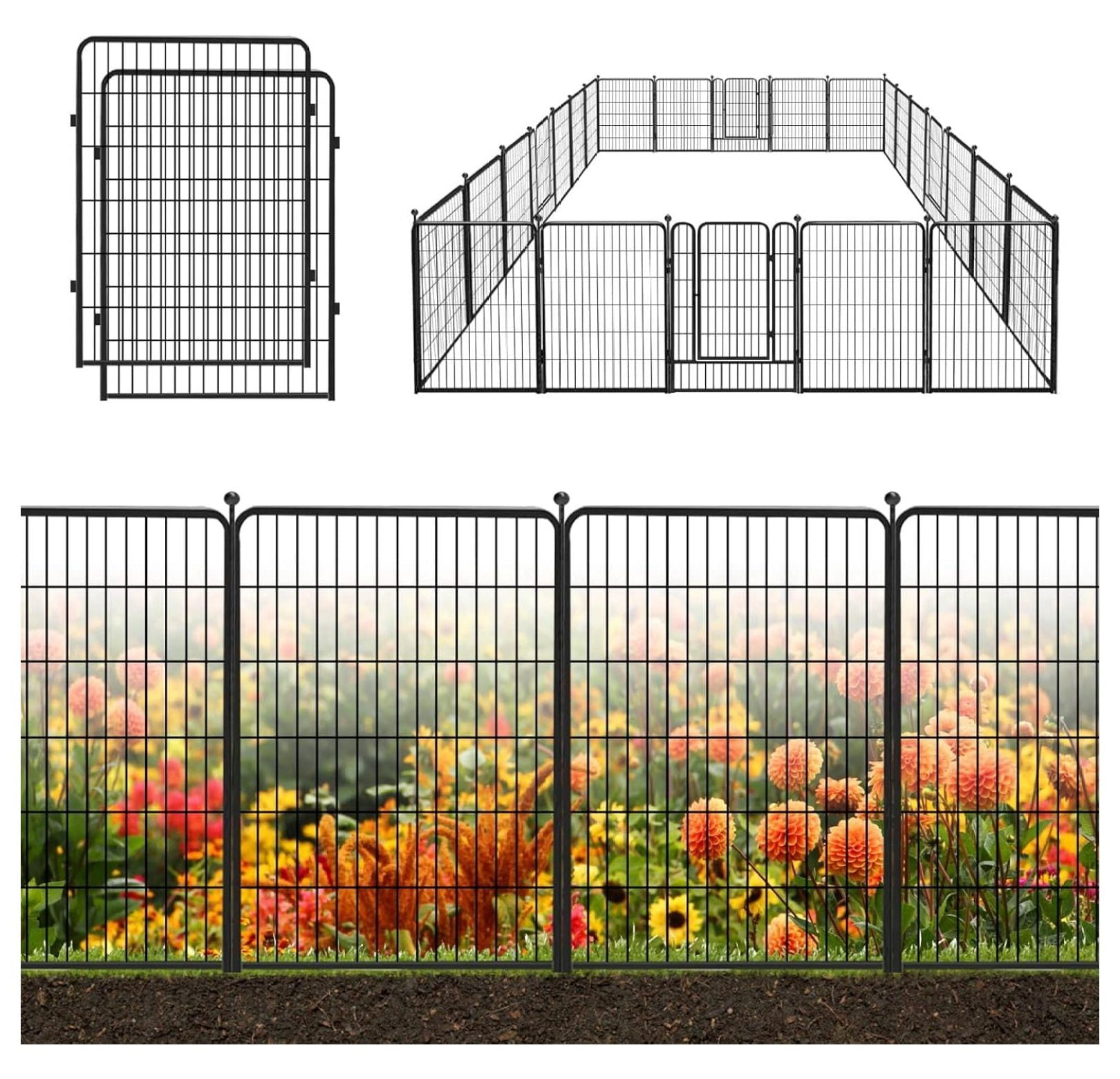 Decorative Garden Metal Fence Black 54ft(L)×40in(H) 24 Panels Wire