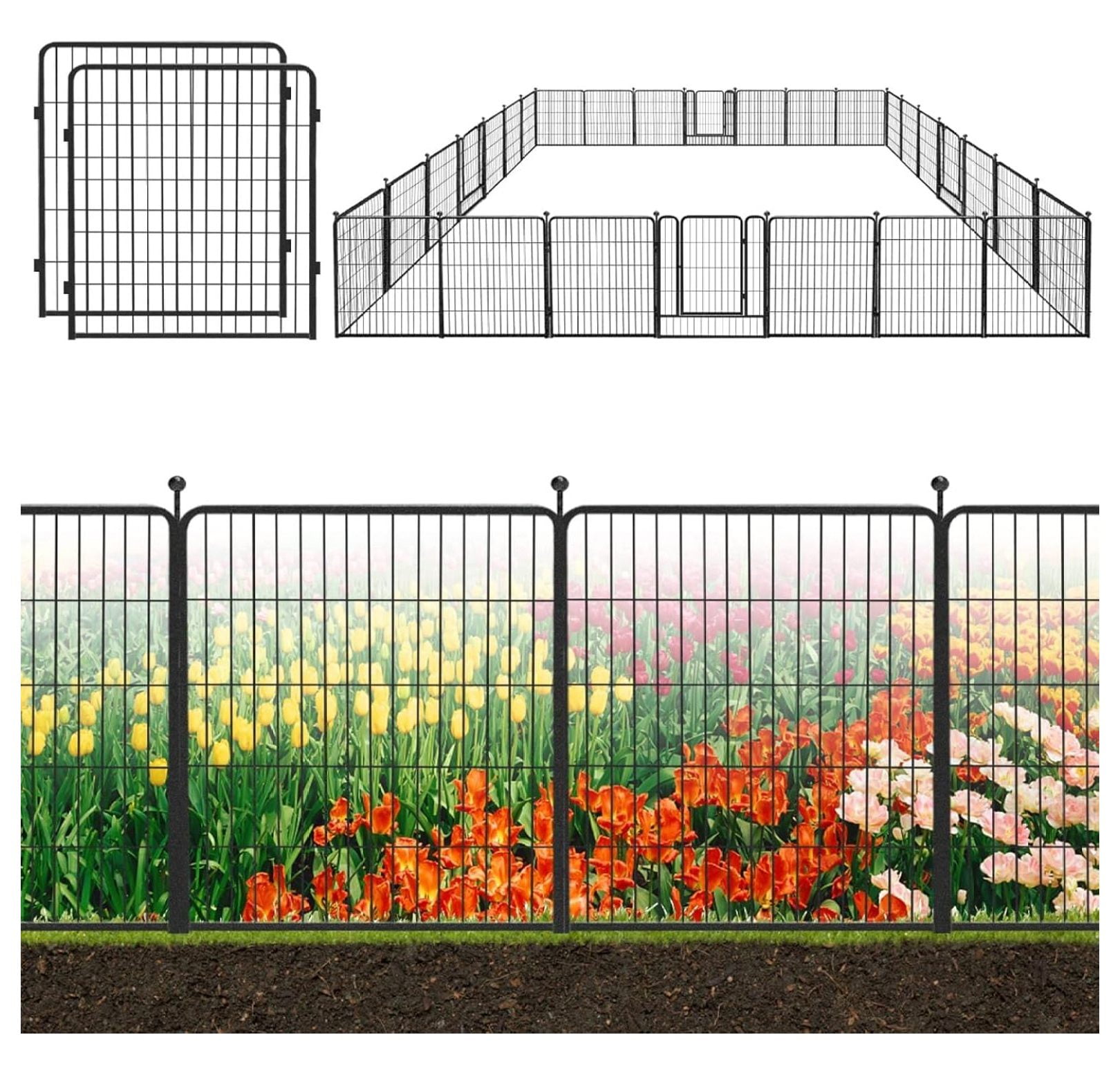 Decorative Garden Metal Fence Black 64ft×32in 28Panels Wire Rustproof