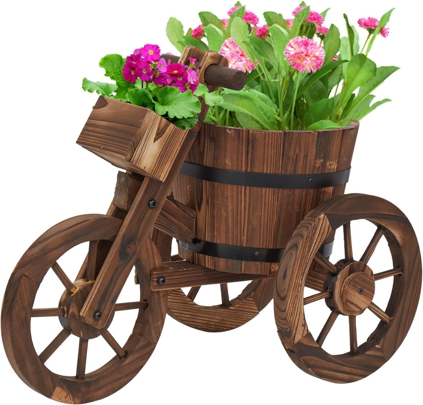 Decorative Garden Planter Wagon Cart with Wheels Wood Raised Beds