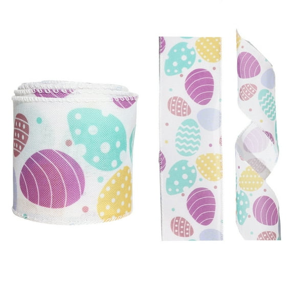 Decorative Gift Box Packaging Ribbon, 2.48 Inch Easter Egg Print Ribbon, 3 Yards Spring Party Decoration, Craft, Bow Making - White