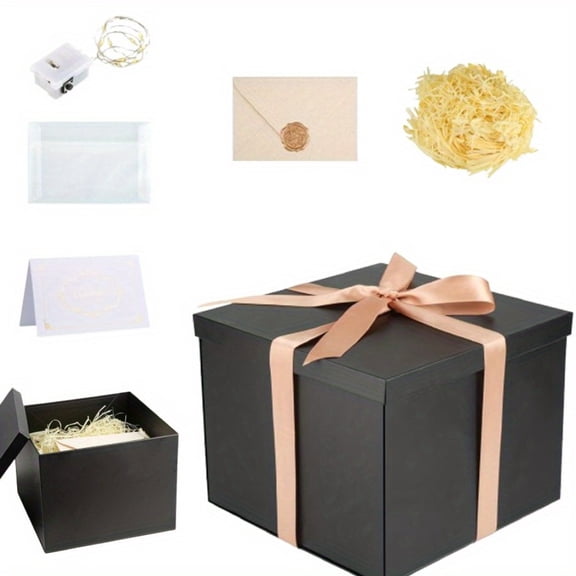Decorative Gift Box Set 23x23x18 cm, Black Present Box with Lid Includes 6 Accessories, for Birthday, Mother's Day & Celebrations