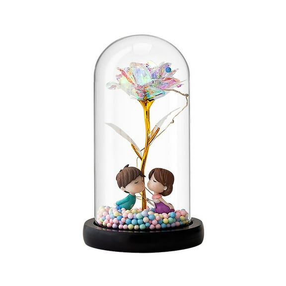 Decorative Glass Dome, Artificial Flower Ornament, Multicolor Romantic Home Decoration for Wedding and Valentines Day, High Borosilicate Glass with Pine Wood Base, 11x20cm Elegant Display