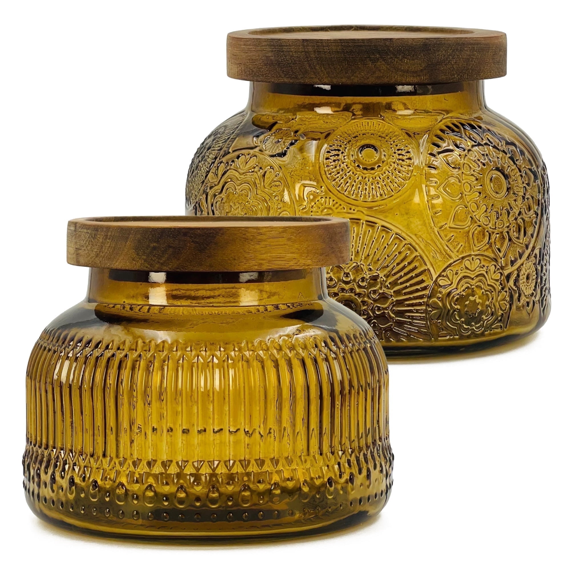Lingshine 24.5 oz Decorative Amber Glass Jars with Airtight Wooden Lids - Set of 2, Vintage Kitchen Food Storage Containers for Coffee Cookie Candy